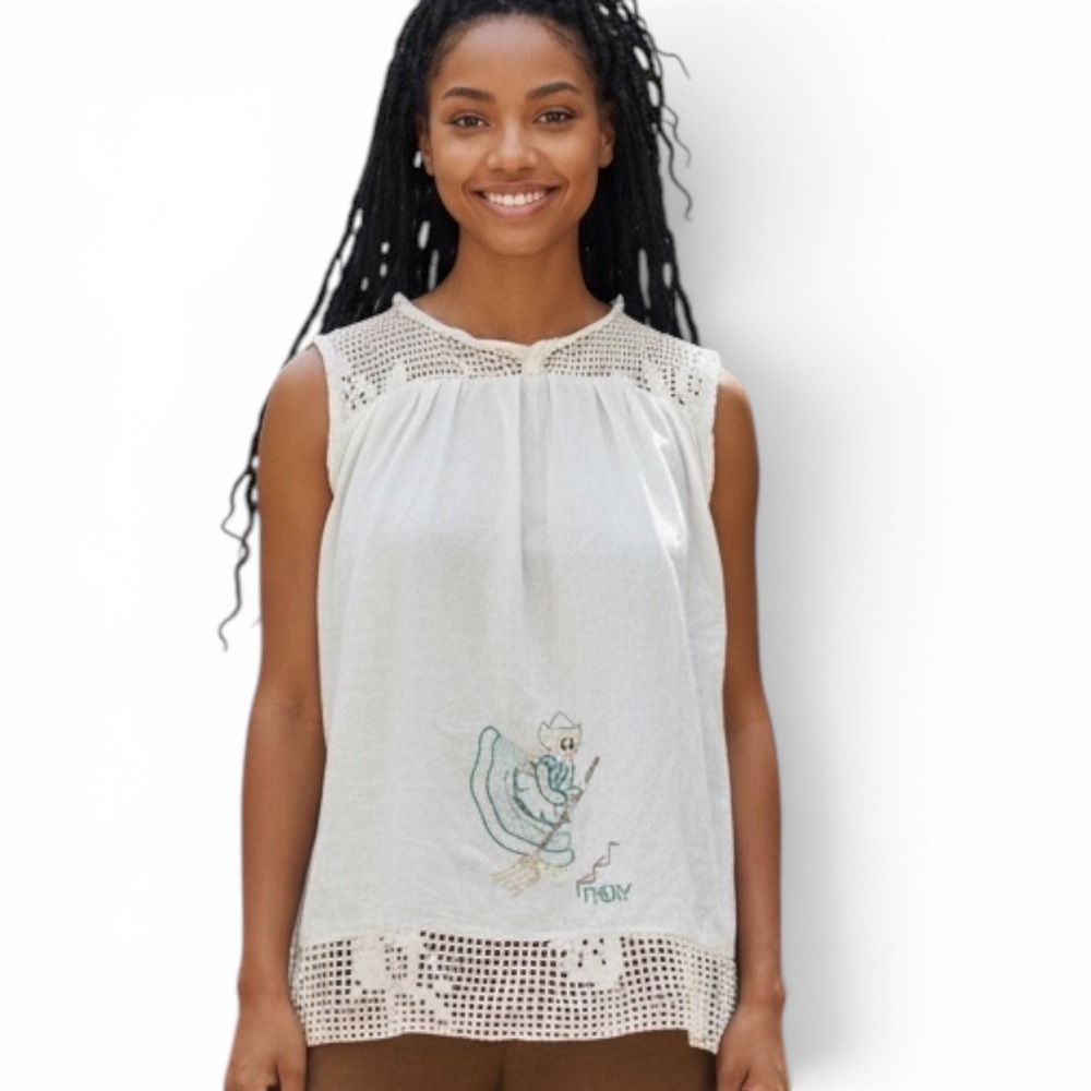 Handmade Summer Top from VTG Embroidered Tea Towel & Crocheted Detail | Med.